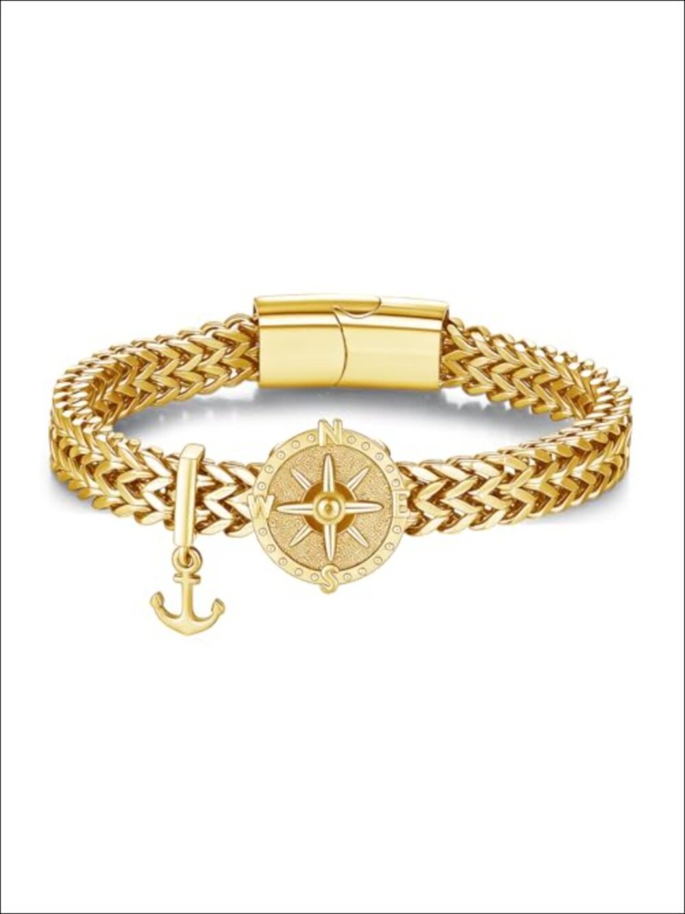 Gold Plated Nautical Compass Anchor Cuban Link Bracelet 8.5"